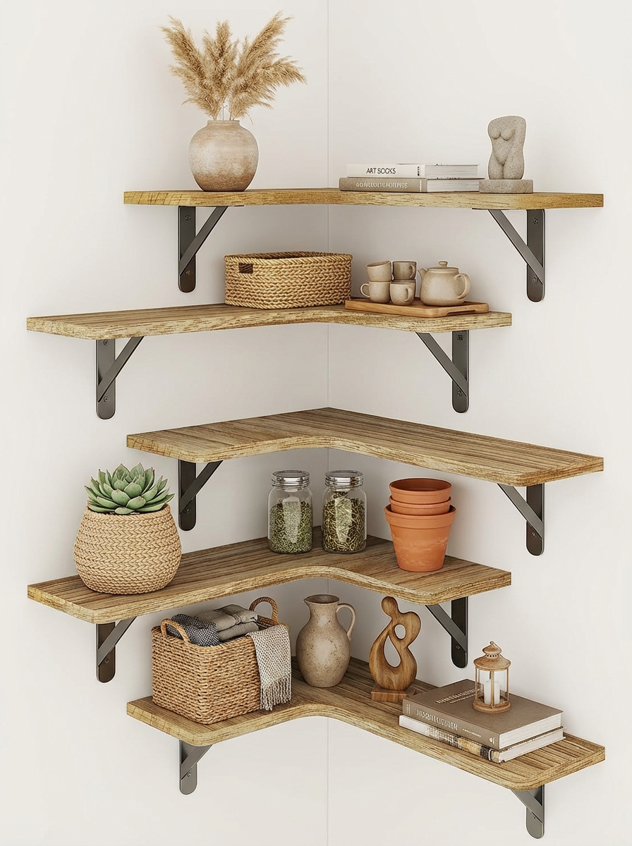 Rustic Corner Floating Shelves Set of 5 – Wall Mounted Wood Shelves