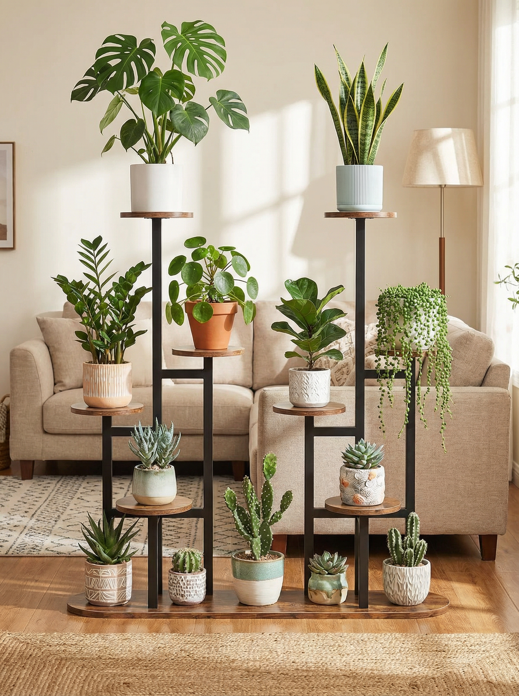 8-Tier Metal & Wood Plant Stand, Multi-Level Indoor Outdoor Flower Shelf, Tall Corner Planter Rack