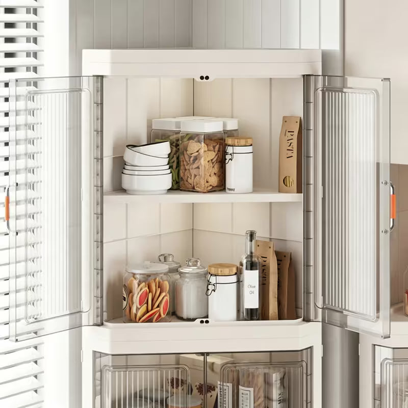 3-Tier Foldable Stackable Corner Storage Cabinet with Transparent Doors