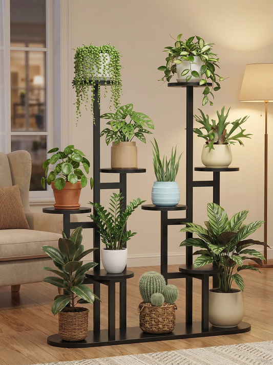 8-Tier Metal & Wood Plant Stand, Multi-Level Indoor Outdoor Flower Shelf, Tall Corner Planter Rack
