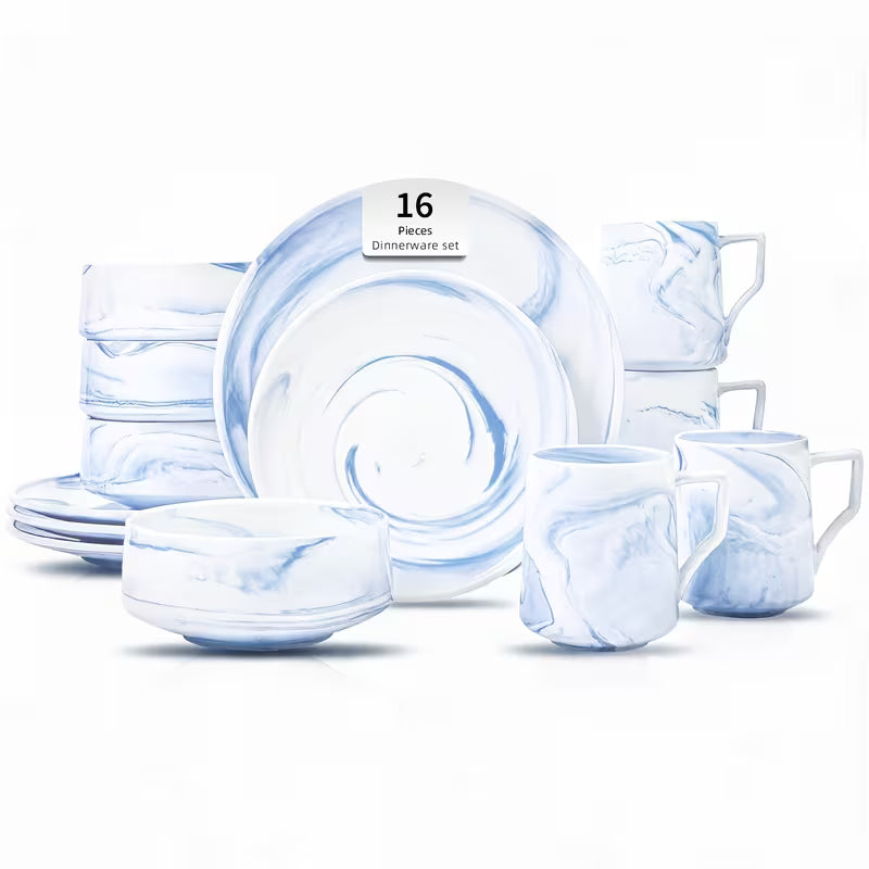 Marbled Round Ceramic Dinnerware Set with Plates and Bowls