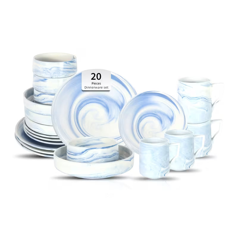 Marbled Round Ceramic Dinnerware Set with Plates and Bowls