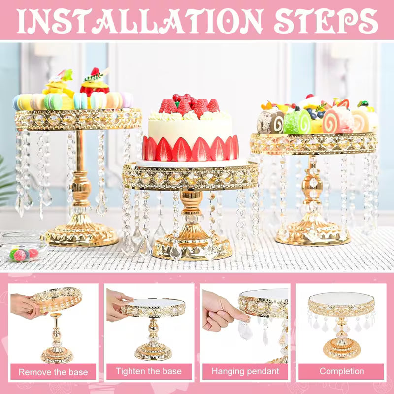 3-Piece Round Metal Cake Stand Set with Crystal Pendants Gold