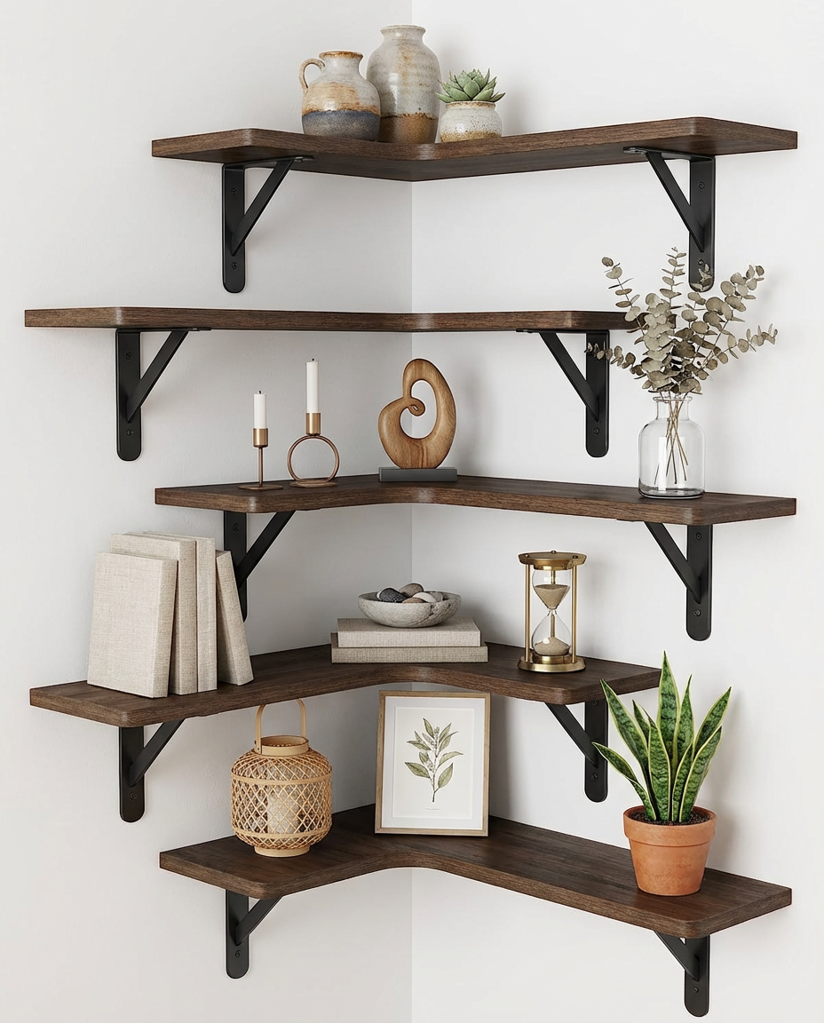 Rustic Corner Floating Shelves Set of 5 – Wall Mounted Wood Shelves