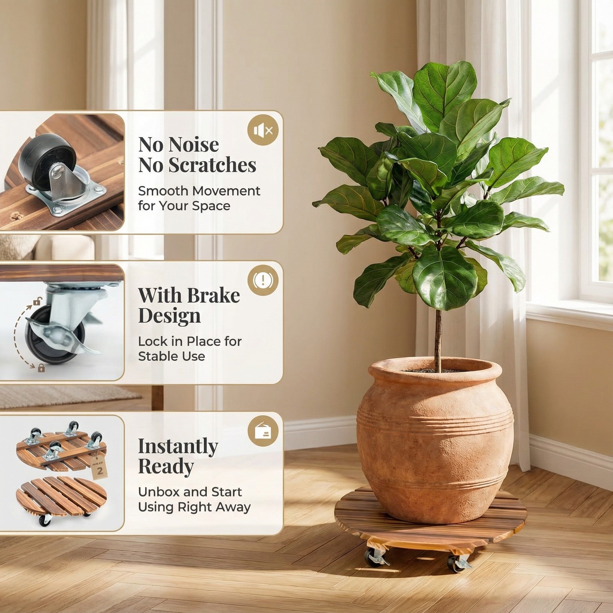 Rolling Wood Caddy with Lockable Wheels – 2 Pack Heavy Duty Pot Stand