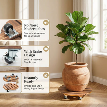 Rolling Wood Caddy with Lockable Wheels – 2 Pack Heavy Duty Pot Stand