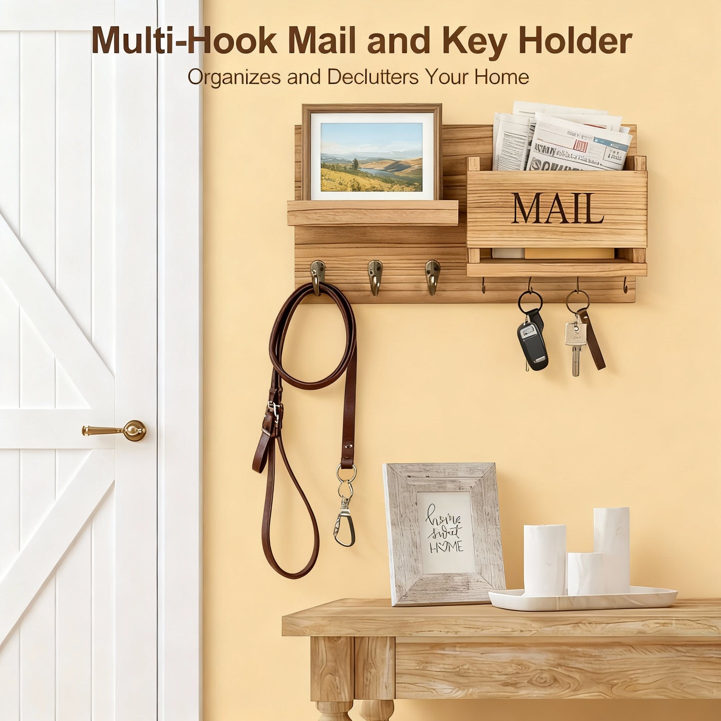 Vintage Wood Wall Organizer – Key Holder, Mail Rack & Coat Hooks