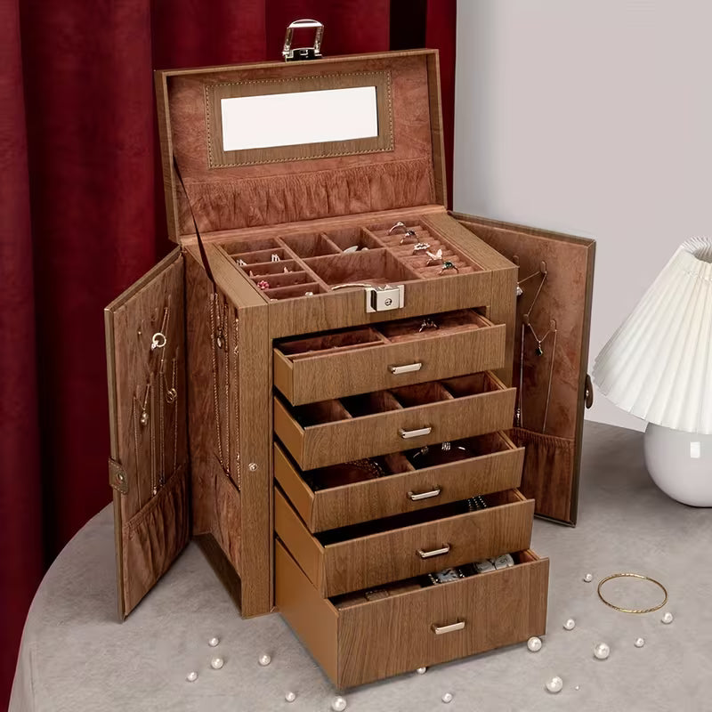 6-Tier Large Jewelry Box Organizer with 5 Drawers and Mirror