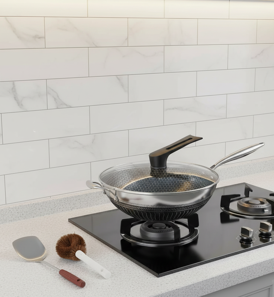 13.3″ Stainless Steel Wok Pan with Lid & Spatula – Nonstick – All Cooktops