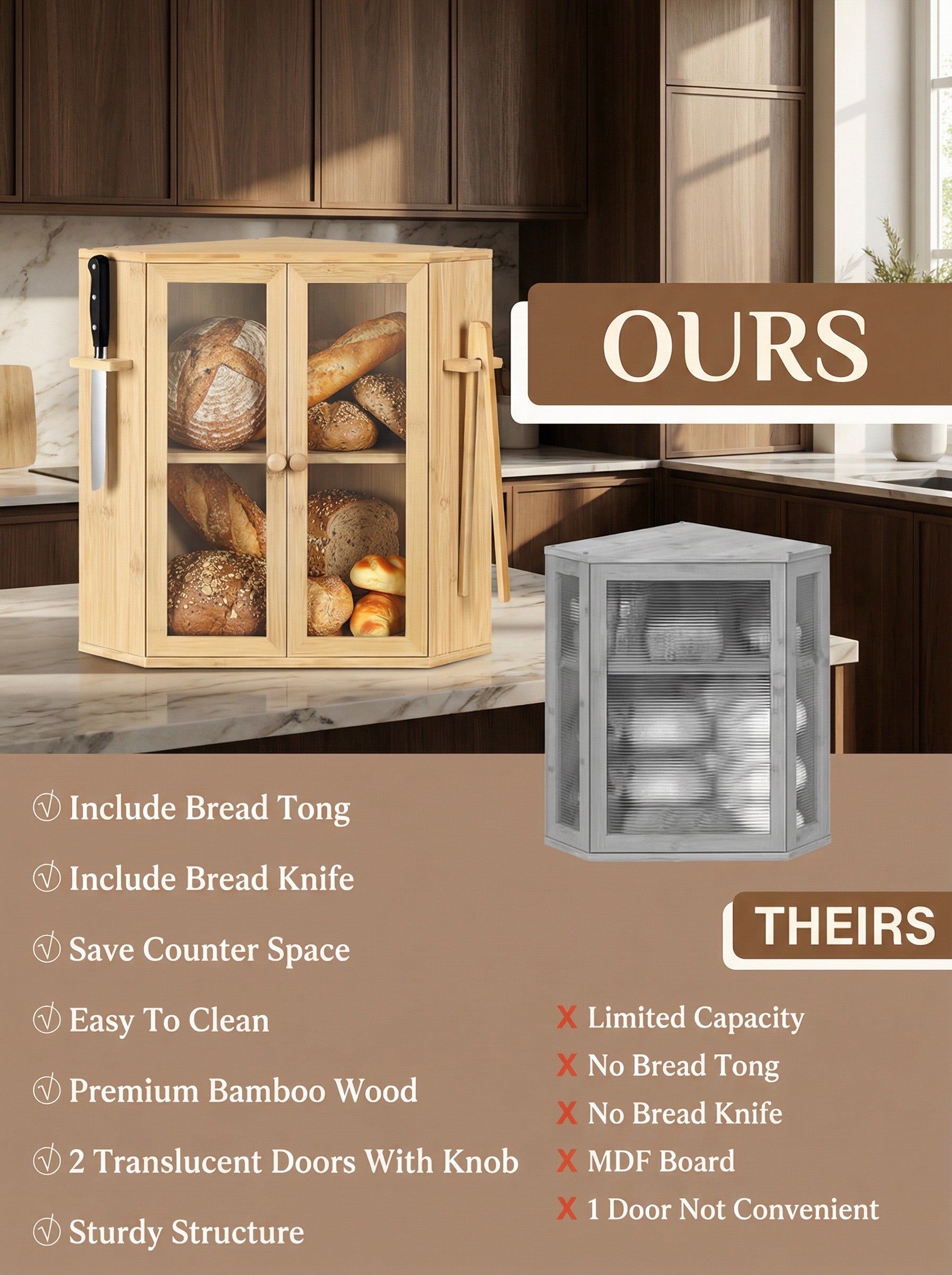 Bamboo Bread Box with Clear Doors – 2-Tier Kitchen Countertop Organizer