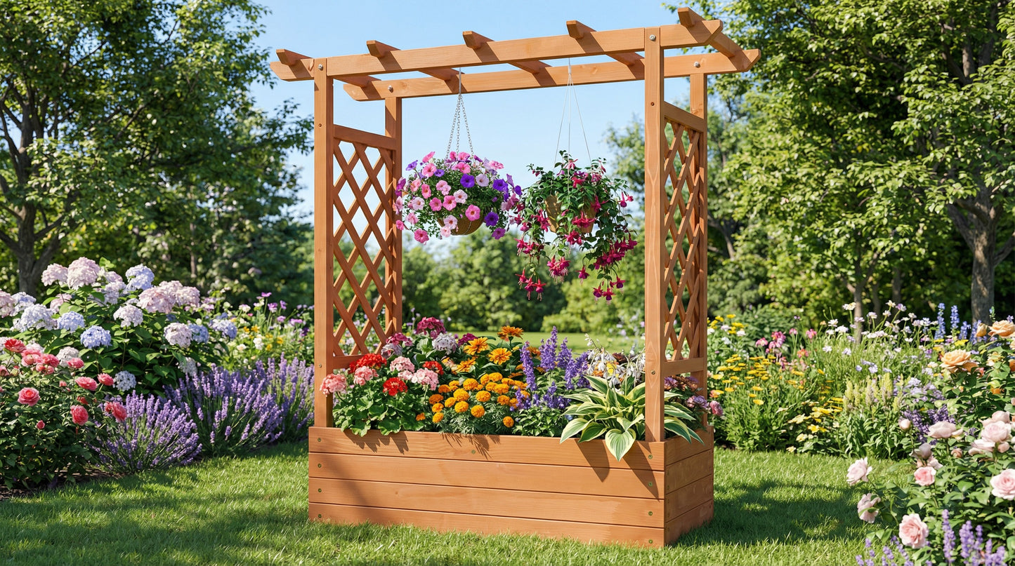 Raised Wooden Planter Box with Tall Trellis for Climbing Plants