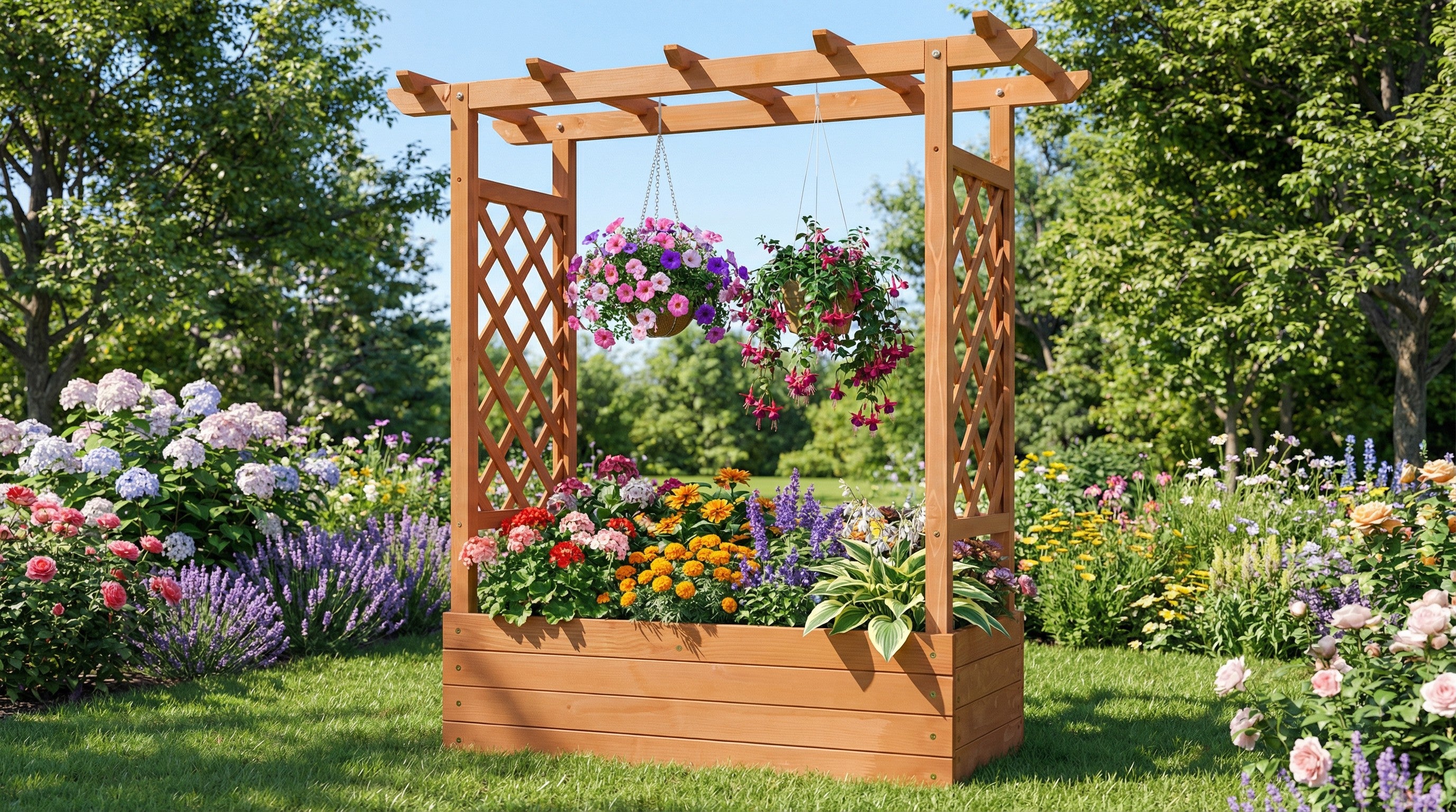 Raised Wooden Planter Box with Tall Trellis for Climbing Plants