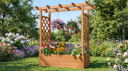 Raised Wooden Planter Box with Tall Trellis for Climbing Plants