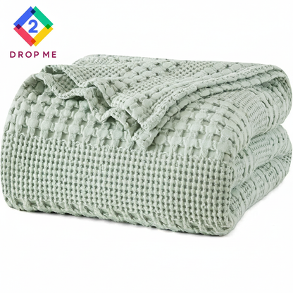 2Dropme Queen size waffle blanket, soft ivory bedspread perfect for home or travel use.