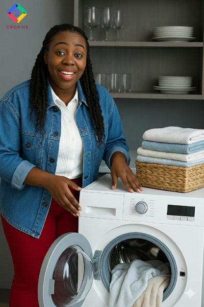 Smiling woman showing how to wash and care for 2Dropme waffle weave blankets using a washing machine.