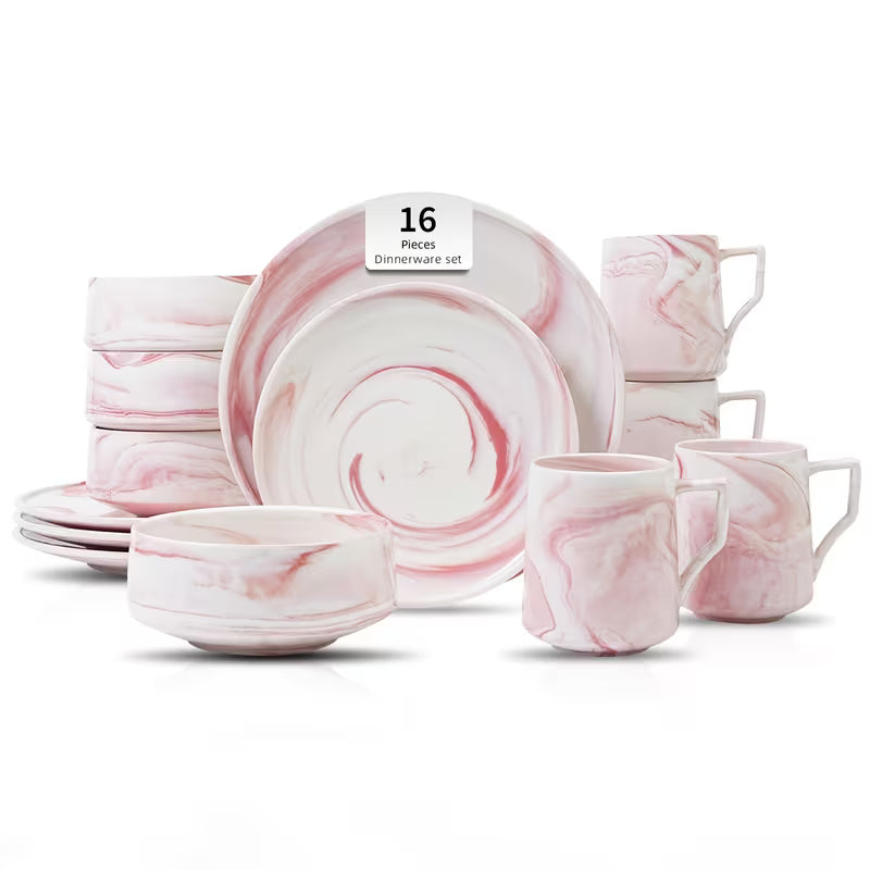 Marbled Round Ceramic Dinnerware Set with Plates and Bowls