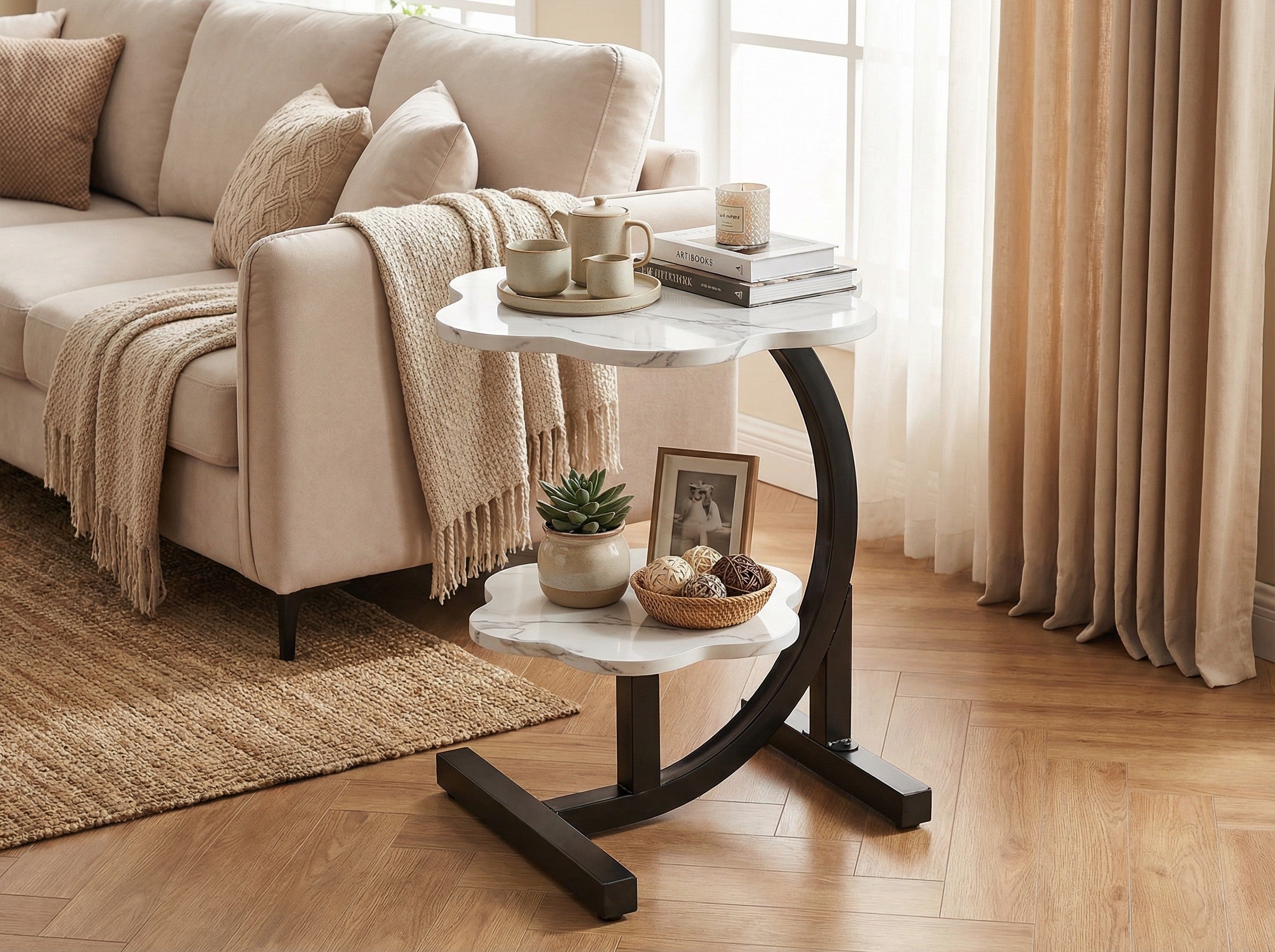 Modern Side Table – Round, C-Shape & Petal Designs | Sofa End Table with Metal