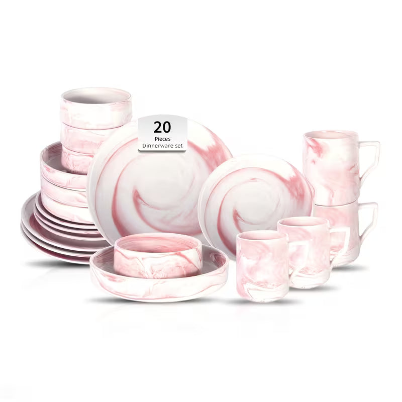 Marbled Round Ceramic Dinnerware Set with Plates and Bowls