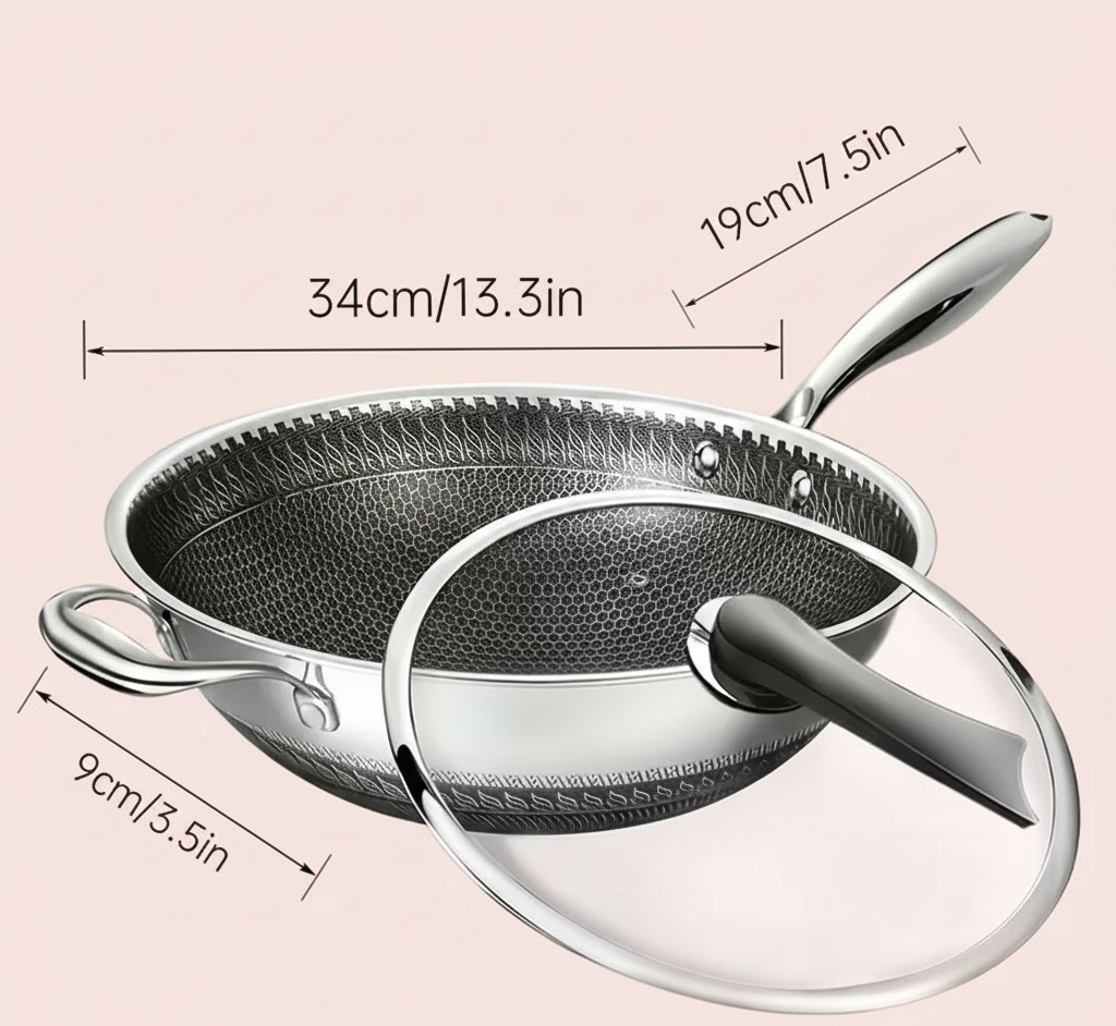 13.3″ Stainless Steel Wok Pan with Lid & Spatula – Nonstick – All Cooktops