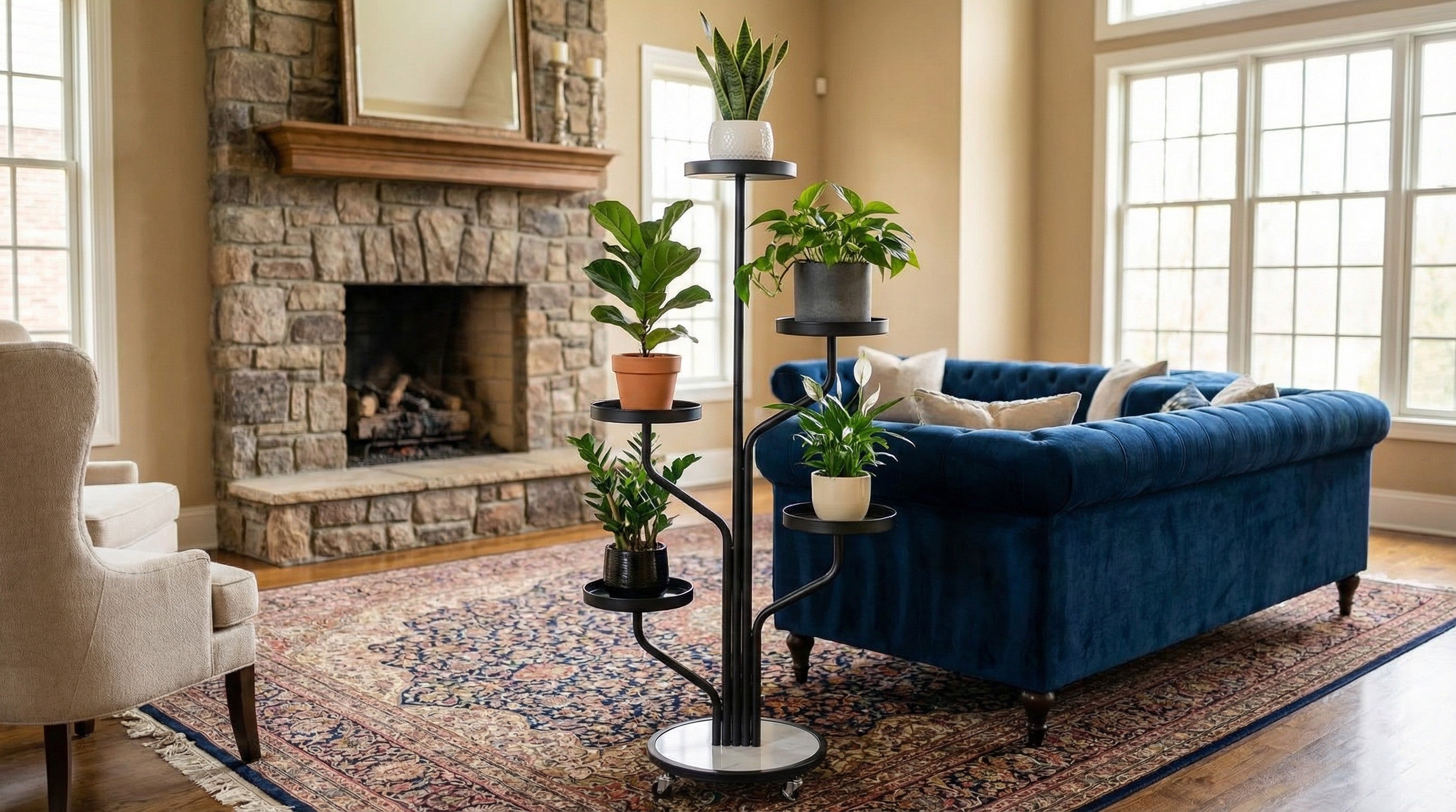 5-Tier Metal Plant Stand with Wheels, Rolling Indoor Outdoor Planter Shelf