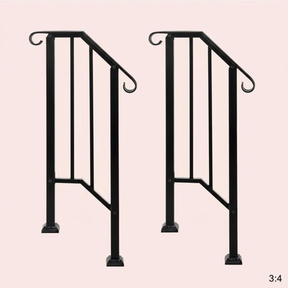 Outdoor Stair Handrail for 1–4 Steps, Adjustable Black Steel Railing
