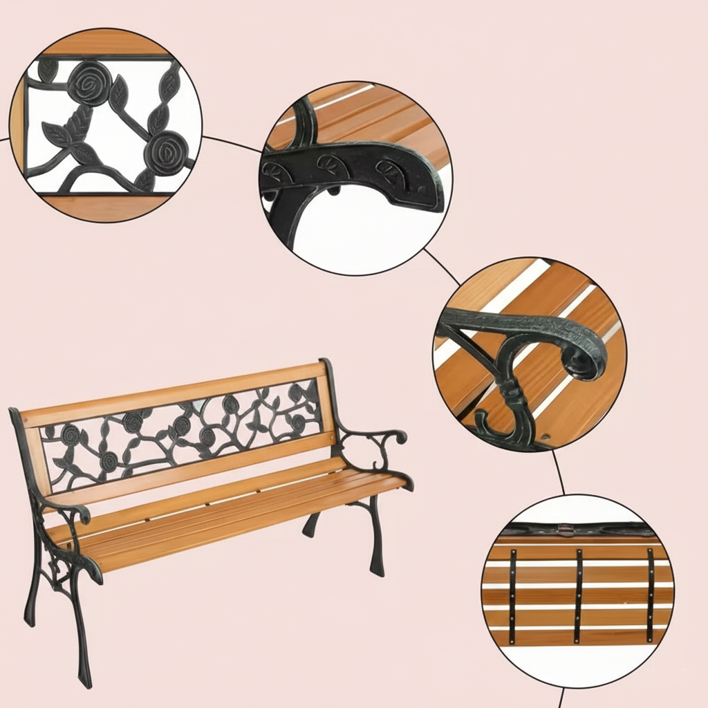 Cast Iron & Wood Outdoor Garden Bench with Ornate Backrest