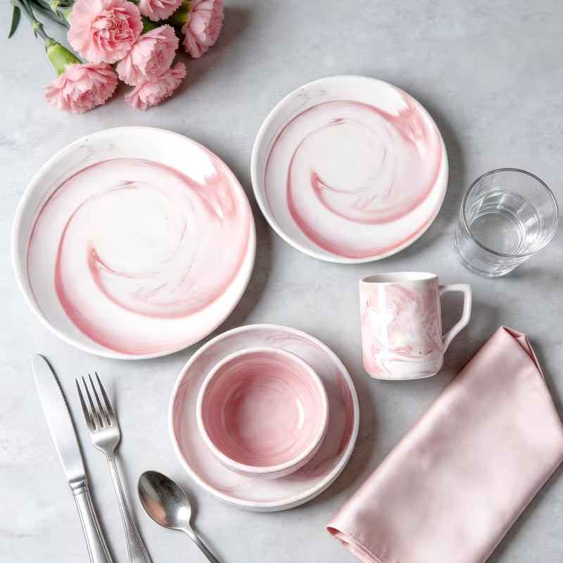 Marbled Round Ceramic Dinnerware Set with Plates and Bowls