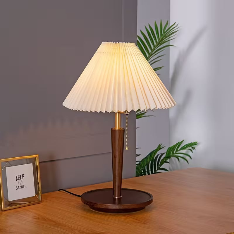 Traditional Pleated Wooden Desk Lamp with Solid Wood Base