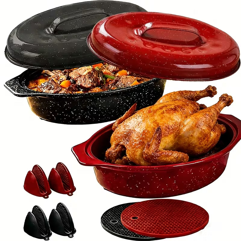Oval Enamel Roasting Pan with Lid Baking Dish Turkey Roaster