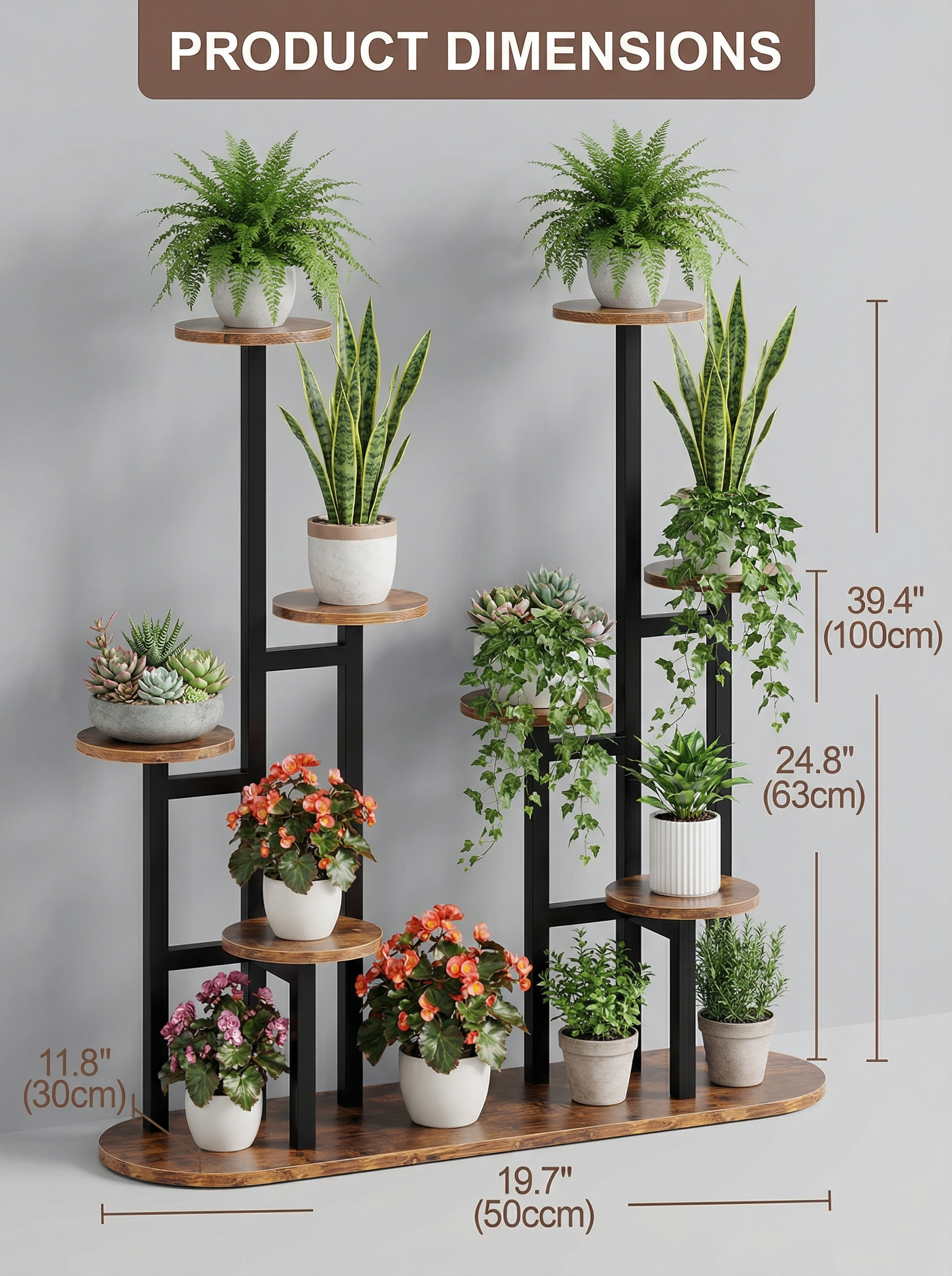 8-Tier Metal & Wood Plant Stand, Multi-Level Indoor Outdoor Flower Shelf, Tall Corner Planter Rack