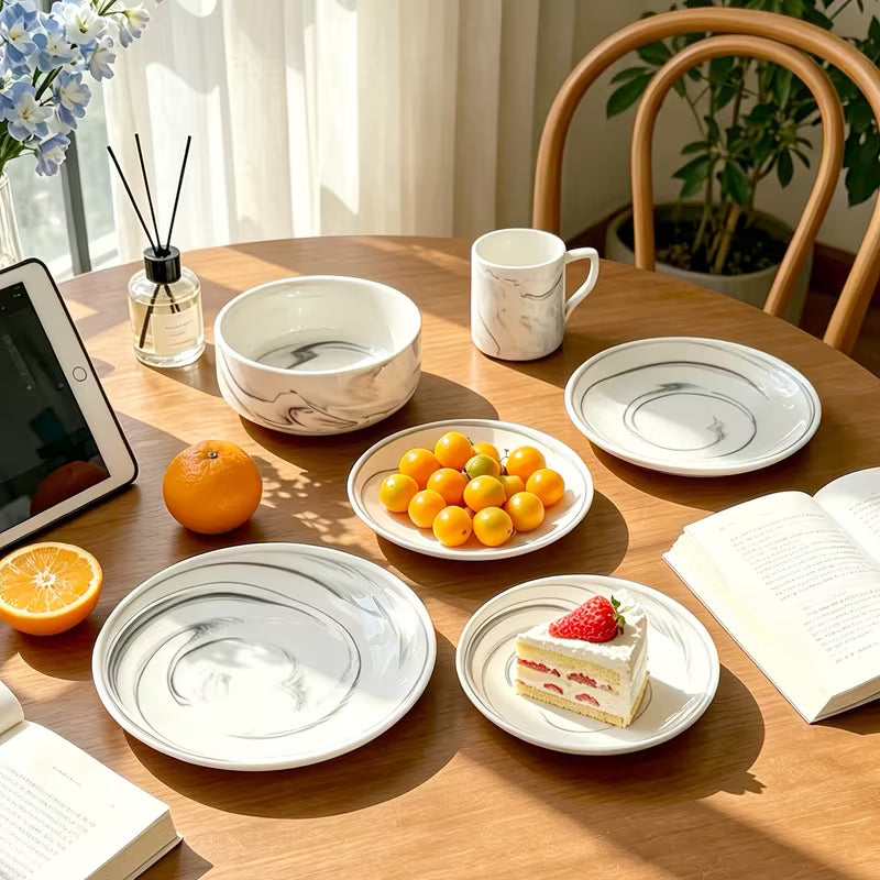 Marbled Round Ceramic Dinnerware Set with Plates and Bowls