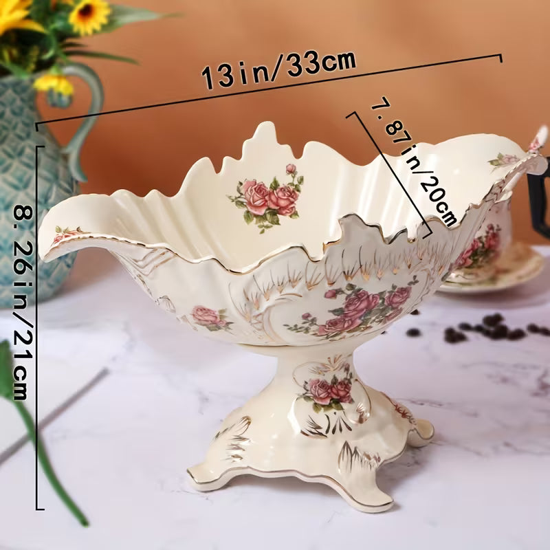 13-Inch Oval Ceramic Fruit Plate with Pedestal Foot Stand