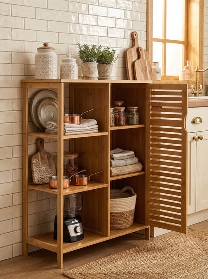 Bamboo 4 Tier Floor Cabinet with Doors, Freestanding Storage