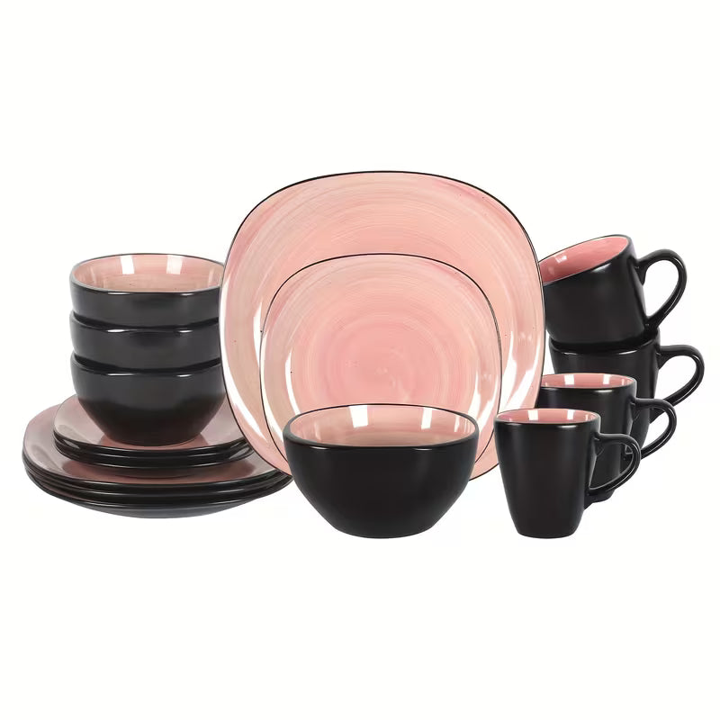 16-Piece Square Stoneware Dinnerware Set with Black Trim
