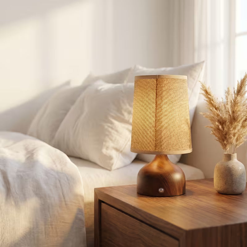 Wireless Rechargeable Wooden Table Lamp with Linen Shade