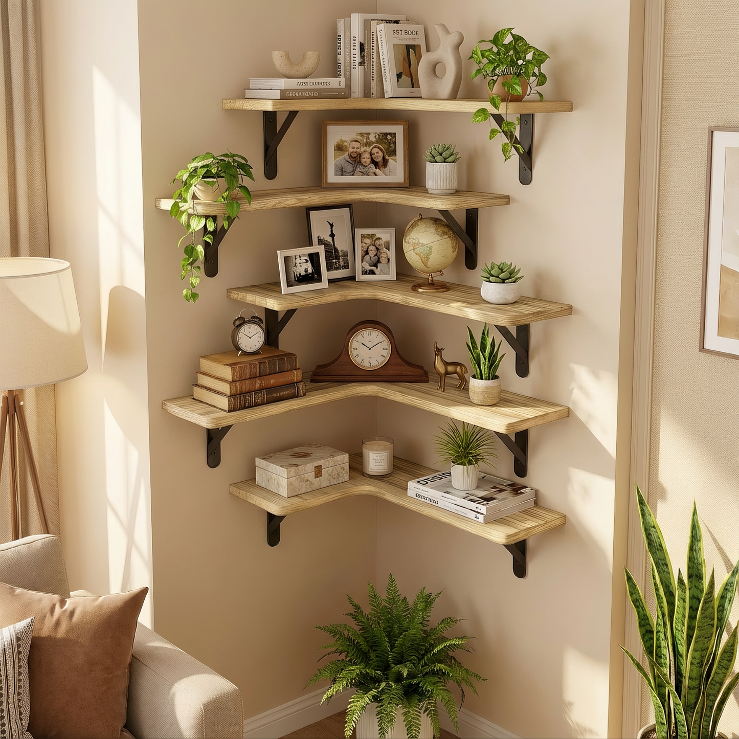 Rustic Corner Floating Shelves Set of 5 – Wall Mounted Wood Shelves