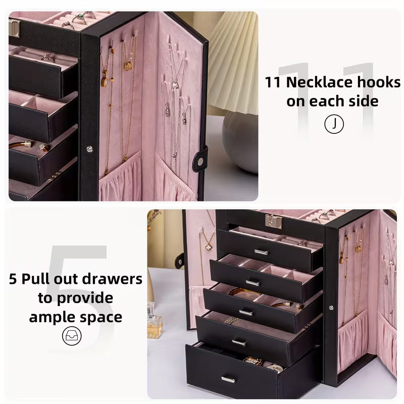 6-Tier Large Jewelry Box Organizer with 5 Drawers and Mirror