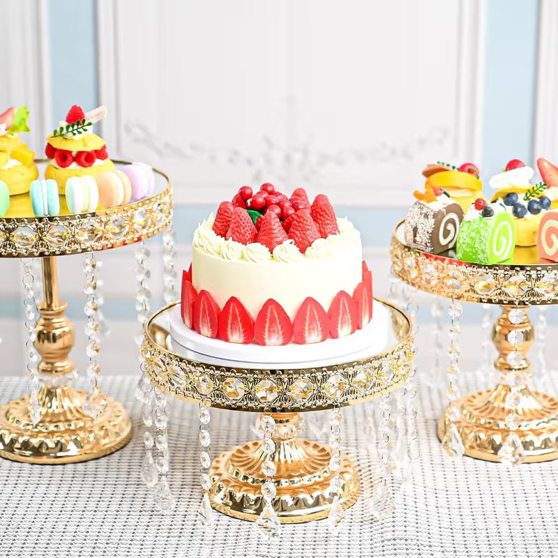 3-Piece Round Metal Cake Stand Set with Crystal Pendants Gold
