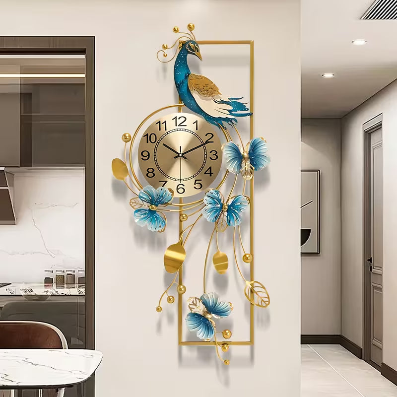 34.6-Inch Elegant Peacock Butterfly Metal Wall Clock Home Decor