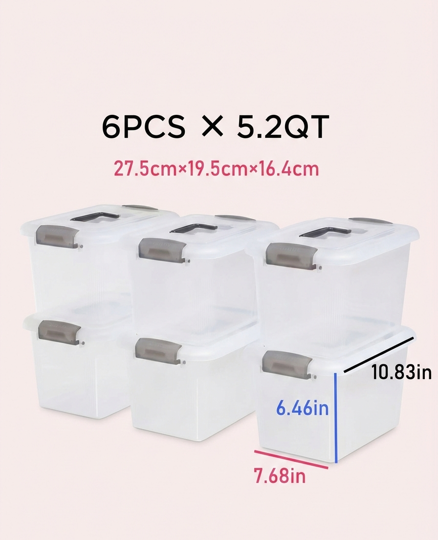 6PCS 8.5 Qt Clear Plastic Storage Boxes Stackable w Lock Lid & Handle