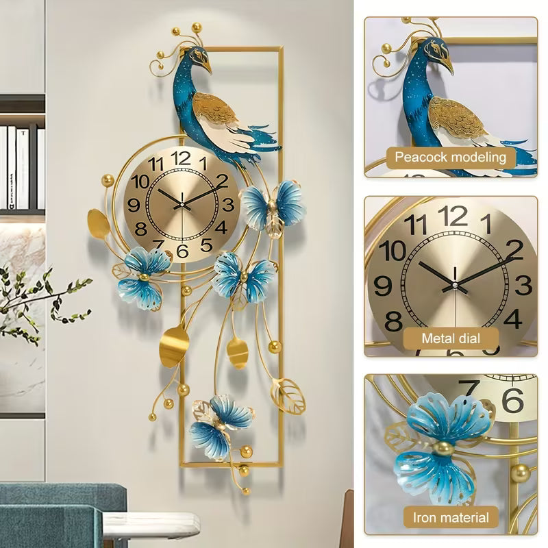 34.6-Inch Elegant Peacock Butterfly Metal Wall Clock Home Decor