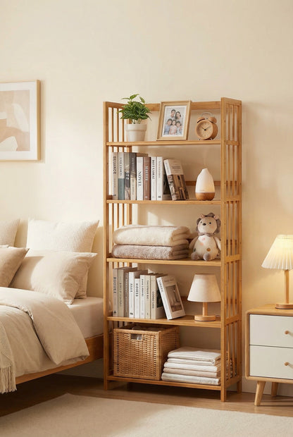 Tall Bamboo Bookshelf – Adjustable Shelves, Narrow Freestanding Storage Rack