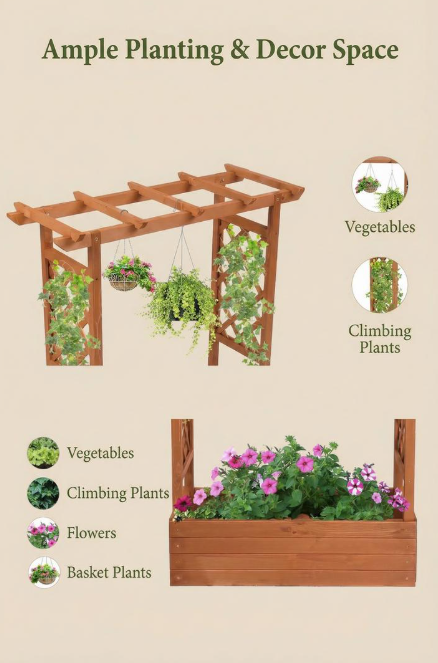 Raised Wooden Planter Box with Tall Trellis for Climbing Plants
