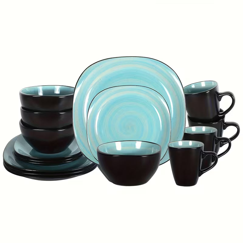16-Piece Square Stoneware Dinnerware Set with Black Trim