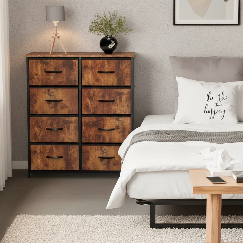 8-Drawer Metal Frame Dresser Wall-Mountable High-Feet Quick-Assembly Bedroom Storage