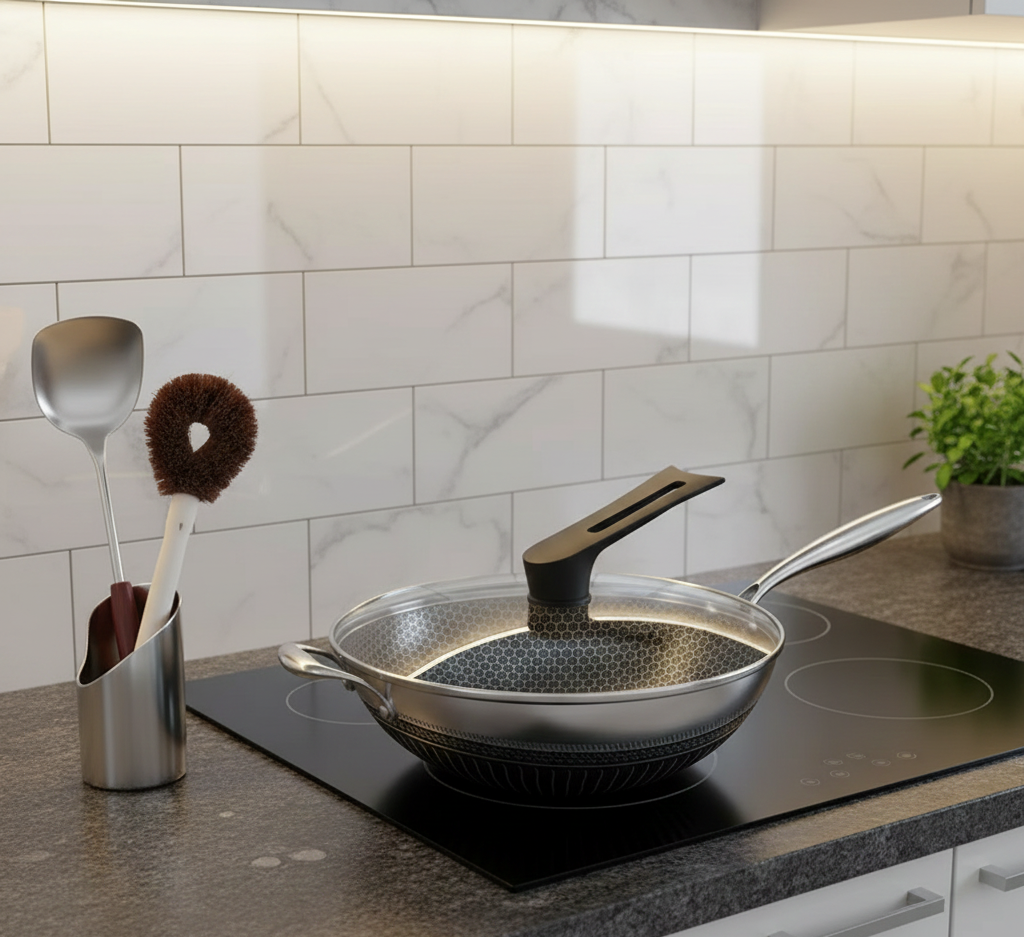 13.3″ Stainless Steel Wok Pan with Lid & Spatula – Nonstick – All Cooktops