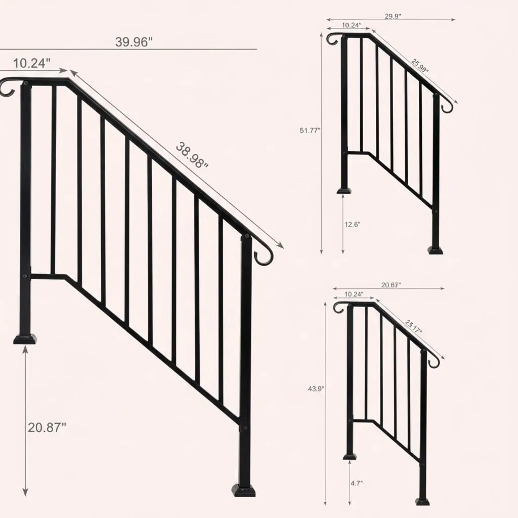 Outdoor Stair Handrail for 1–4 Steps, Adjustable Black Steel Railing
