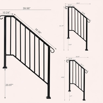 Outdoor Stair Handrail for 1–4 Steps, Adjustable Black Steel Railing