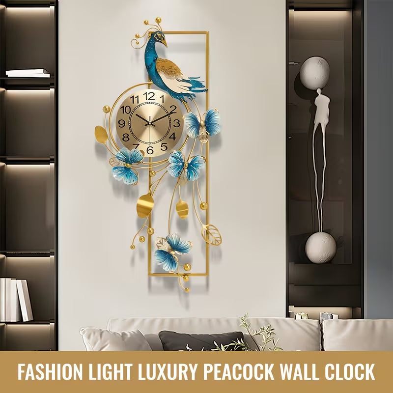 34.6-Inch Elegant Peacock Butterfly Metal Wall Clock Home Decor