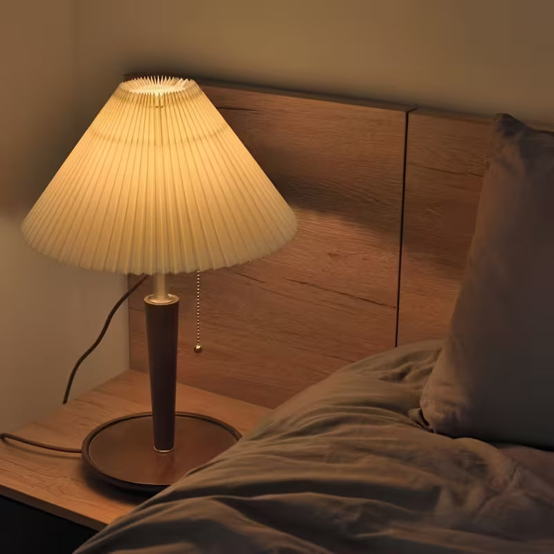 Traditional Pleated Wooden Desk Lamp with Solid Wood Base
